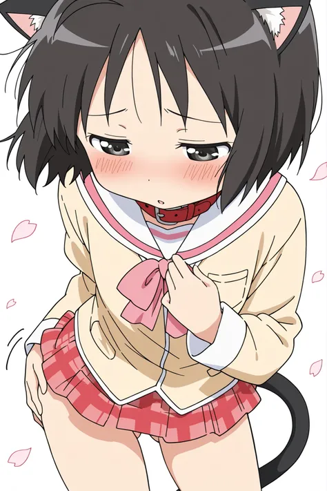 ((from above)),ahoge,((fidgeting)),((face focus)),nsfw,score_9, score_8_up, score_7_up, source_anime,shinonome nano,yasuna oribe,short hair, (black eyes),(half-closed eyes),long eyelashes,(black hair),black Cat ears,black Cat tail,((red leather collar)),(w...