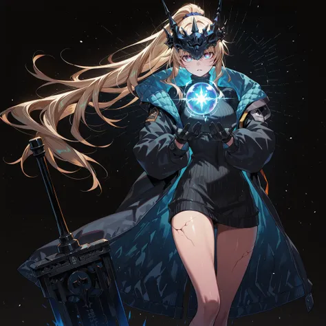 Alone, a girl — a solitary female character, a young teenager about 1.5 meters tall. She stands alone against a deep black background, which makes her stand out vividly. Her physique and height are exactly like Terakomari Gandesblood from The Vexations of ...