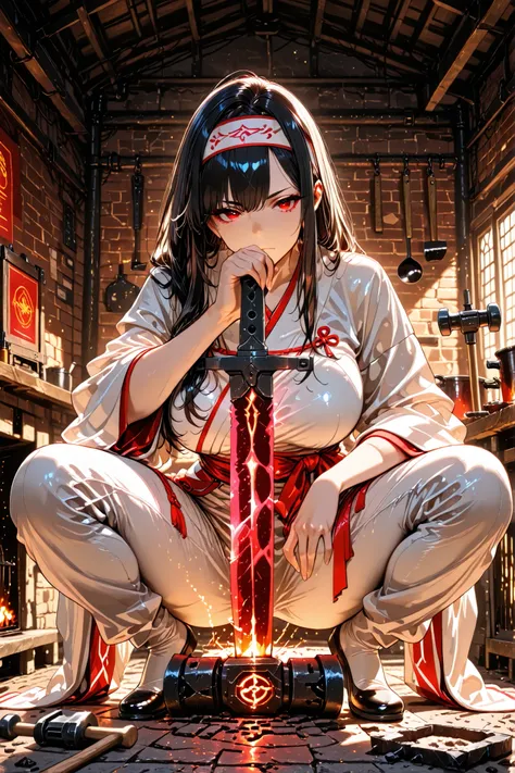 (masterpiece, Hi-Res, Very High Resolution, 8k, super detailed, Highest Quality), adult woman, Swordsmith, tall, Relaxed atmosphere, long black hair, headband, is bundling her hair, Beautiful character design, perfect contrast, Anatomically Accurate, prett...