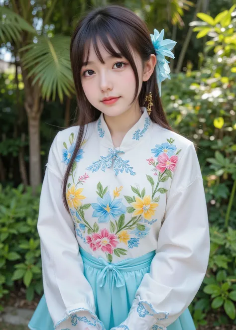 cuteloli,((Highest Quality、masterpiece、high sensitivity、High fines、detailed explanation、Delicate Depiction、Fvalue:4.0)),cute girl、Japanese Idol、Highest Quality、cowboy shot、Vietnamese folk costume、blue daffodil、色vivid花模様の衣装、tropical plant background、sexy、sl...
