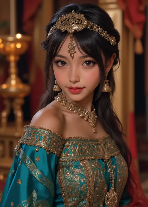 1 slender girl、((Highest Quality、masterpiece、high sensitivity、High Fine、detailed description、Delicate Depiction、Fvalue:4.0)),Highest Quality、cowboy shot、Royal Palace Interior 、Arab traditional costume、jasmine、I have Aladdin's magic lamp、sexy、Slim midsectio...