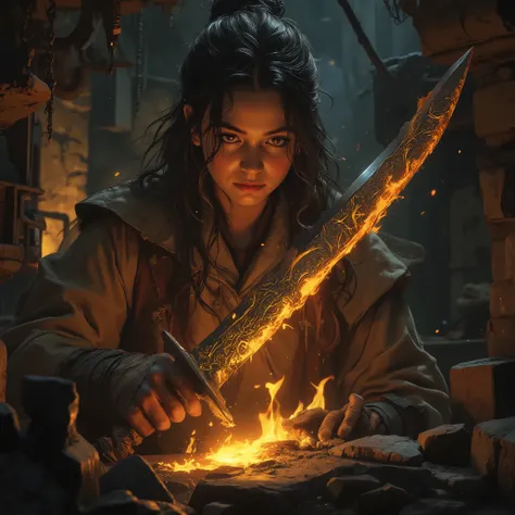 E_Style curved blade sword、Female、Swordsmith's Workshop、Shining Blade、Steel texture、 Fire Reflection 、Ancient Blacksmithing Technique、Precise Craftsmanship、sword pattern、Mysterious Atmosphere、realistic depiction based on Ref1