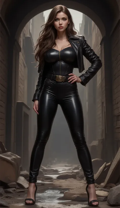  beautiful, sexy, sensual, tall, long brown-haired, 35-year-old fashion model woman with long, slender legs, a thin waist, broad shoulders, large breast, black leather pants, wide buckle belt, black leather jacket and elegant black leather stiletto heels t...