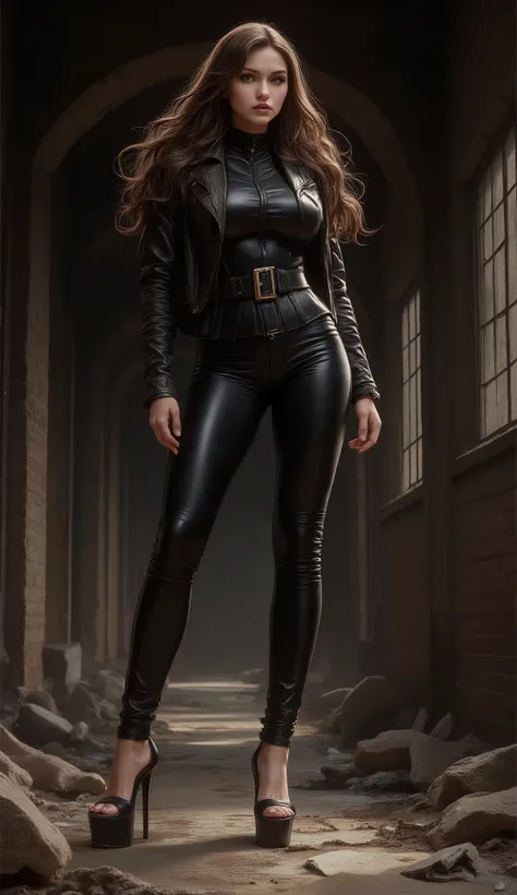  beautiful, sexy, sensual, tall, long brown-haired, 35-year-old fashion model woman with long, slender legs, a thin waist, broad shoulders, large breast, black leather pants, wide buckle belt, black leather jacket and elegant black leather stiletto heels t...