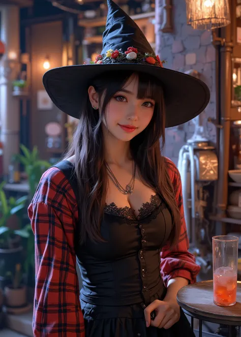 1 slender girl、((Highest Quality、masterpiece、high sensitivity、High Fine、detailed description、Delicate Depiction、Fvalue:4.0)),Highest Quality、cowboy shot、tavern、 Fairyland 、 happy halloween 、witch hat、A cute woman in Halloween cosplay、A fairy house with w...