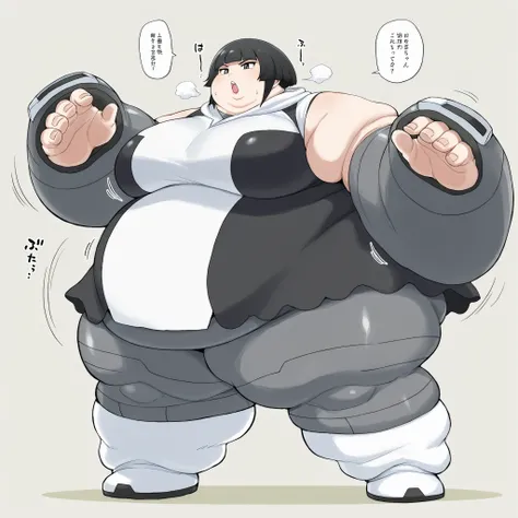 furikali, pmtgg, short hair, blunt bangs, large breasts
black and white dress, two-tone dress, grey bodysuit, bodysuit under clothes, grey pants, white boots, large breasts, fat, chubby, obese, fat neck, multiple chins, big breasts open mouth, out of breat...