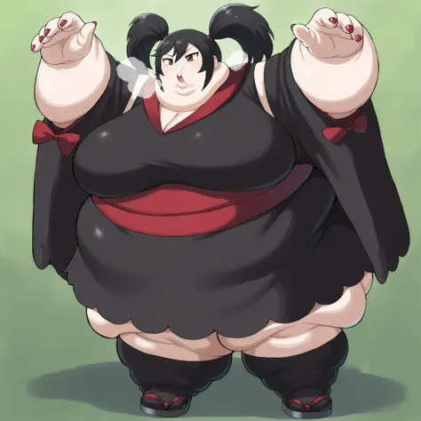 furikali, twintails, black_hair, hair_tie, brown_eyes, japanese_clothes, kimono, black_kimono, sash, wide_sleevees, kneehighs, black_socks, sandals, red_nails, large breasts, fat, chubby, obese, fat neck, multiple chins, big breasts open mouth, out of brea...