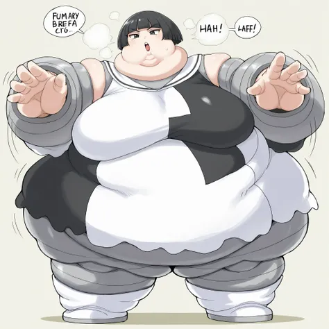 furikali, pmtgg, short hair, blunt bangs, large breasts
black and white dress, two-tone dress, grey bodysuit, bodysuit under clothes, grey pants, white boots, large breasts, fat, chubby, obese, fat neck, multiple chins, big breasts open mouth, out of breat...
