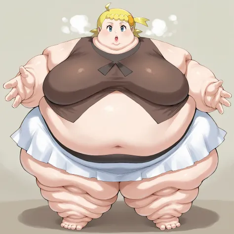 zzBonnie, bonnie_(pokemon), blue eyes, ahoge, blonde hair, hair ornament, short hair, side ponytail, brown shirt, white skirt, large breasts, fat, chubby, obese, fat neck, multiple chins, big breasts open mouth, out of breath, Larger female, full body shot...