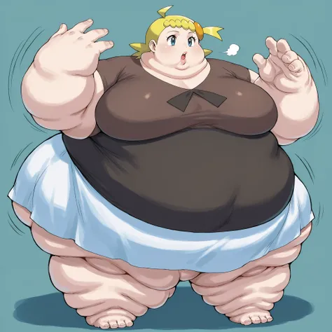 zzBonnie, bonnie_(pokemon), blue eyes, ahoge, blonde hair, hair ornament, short hair, side ponytail, brown shirt, white skirt, large breasts, fat, chubby, obese, fat neck, multiple chins, big breasts open mouth, out of breath, Larger female, full body shot...