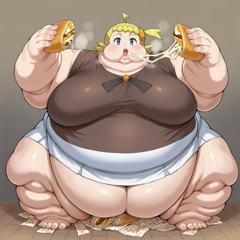 zzBonnie, bonnie_(pokemon), blue eyes, ahoge, blonde hair, hair ornament, short hair, side ponytail, brown shirt, white skirt, large breasts, fat, chubby, obese, fat neck, multiple chins, big breasts open mouth, out of breath, Larger female, full body shot...