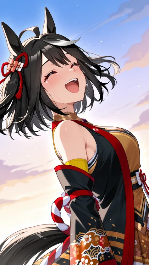 blooms alone, 1 girl, Source Anime, Kitasan Black, short hair, completely black hair, ties two hair, Hair Accessories, , closes its eyes,, Horse ears, has a tail , Medium Breasts, , put on a yellow sleeveless shirt, Wear black armbands, Wear armband, Sta...