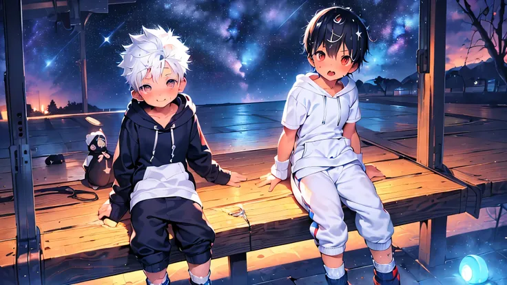 chubby Little boy with white hair and shiny red eyes and colorful socks wearing a hoodie, and sweatpants sitting on a bench, blushing, drooling, young, boy, child, small, toddler, soft light, starry night sky, beautiful sky,(sweatpants:1.8), (socks:1.8), (...