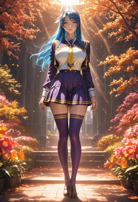 Otokawa Saori, 1girl, blue hair, long hair, green eyes, hairband, white ribbon, hair ribbon, purple school uniform, two-tone jacket, necktie, pleated skirt, purple thighhighs, yellow trim, large breasts, solo, detailed eyes, full body view, the girl is ver...