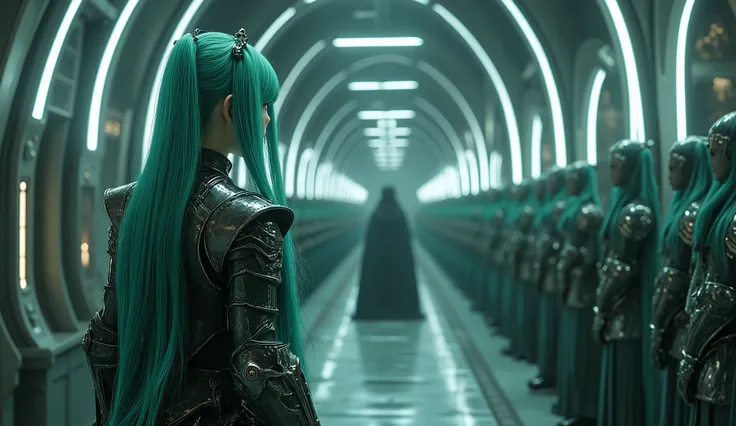 nsfw,nipple,topless、orderly moving walkway、Very Big Breasts、 Tall 180cm、No facial expression、I'm wearing dark green, shiny fantasy armor、Extremely beautiful Hatsune Miku and the others line up１stand in a row、clone production line、Cutting-edge technology、 F...