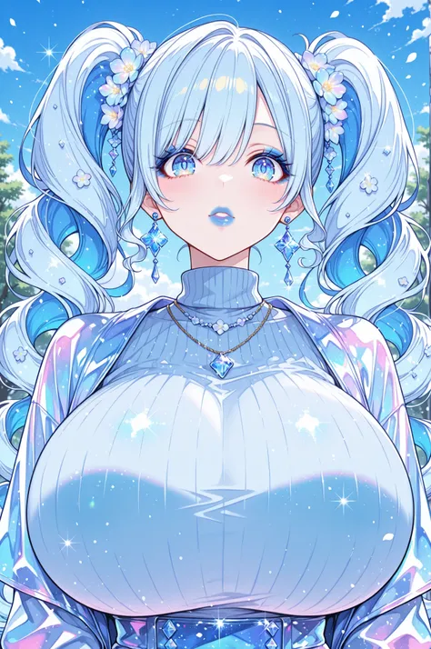face close-up, Sparkling,  and sensual, Sexy Women, very long curly hair with long curly pigtails, icy blue hair, ice blue eyes, ice blue eyeshadow,  blue eyelashes , blue clothes, blue lips, blue earrings and necklace, big boobs, Turtlenecks and Jackets, ...
