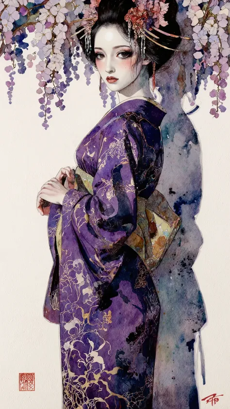 Watercolor Painting,fashion portrait,1 mysterious beautiful woman,Beautiful movie actress,A bewitching, wickedly seductive,dynamic pose,from side,solo,Femme fatale,dynamic pose,dynamic angle,wearing purple kimono,forcus face,black hair,Her shadow in the wh...