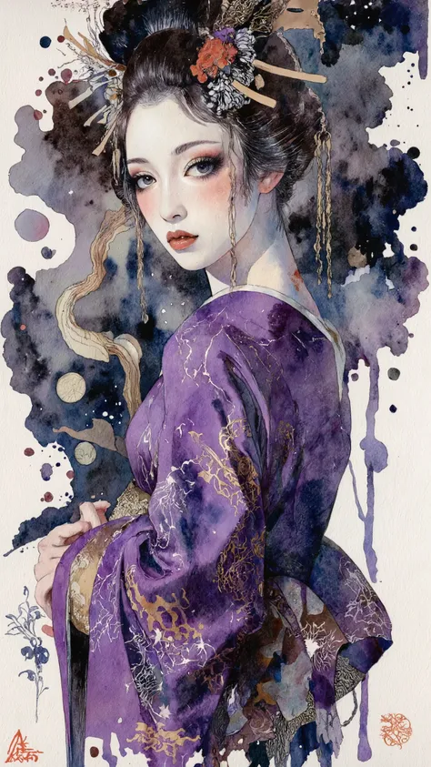 Watercolor Painting,1 mysterious beautiful woman,Beautiful movie actress,A bewitching, wickedly seductive,dynamic pose,from side,solo,Femme fatale,dynamic pose,dynamic angle,wearing purple kimono,forcus face,from back,black hair,
the depiction is detailed....
