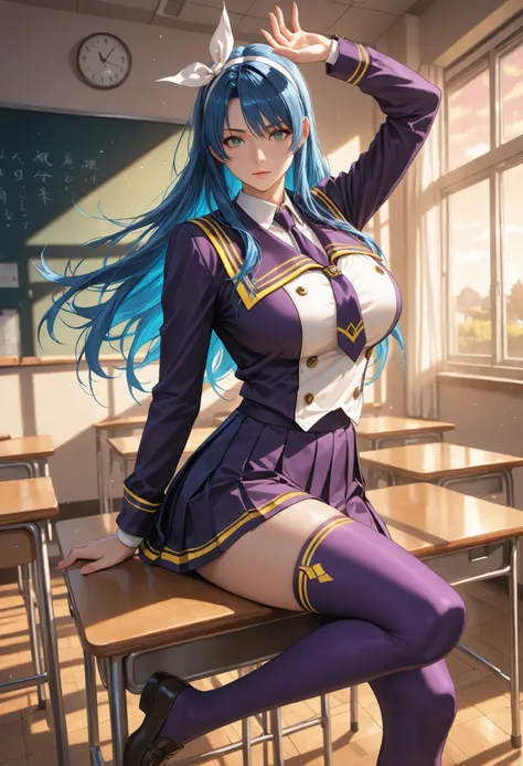 Otokawa Saori, 1girl, blue hair, long hair, green eyes, hairband, white ribbon, hair ribbon, purple school uniform, two-tone jacket, necktie, pleated skirt, purple thighhighs, yellow trim, large breasts, solo, detailed eyes, Makai Kishi, full body view, an...