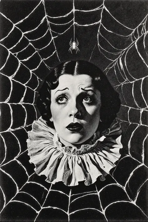 A surreal black-and-white photomontage portraying a woman’s head emerging from a large spider web,Watching out of the corner of my eye as a tiny spider descends on its thread, evocative of a vintage horror aesthetic. The woman, with fair skin and dark, sty...