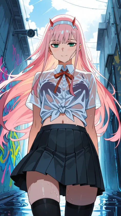 BREAK (masterpiece:1.2),highly detailed realistic anime background, narrow urban alley after rain, daylight scene with wet reflective asphalt, colorful graffiti on concrete walls, small puddles with bright sky reflections, metallic pipes and vents, warm su...