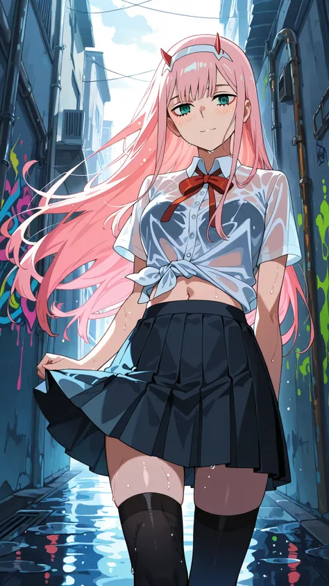 BREAK (masterpiece:1.2),highly detailed realistic anime background, narrow urban alley after rain, daylight scene with wet reflective asphalt, colorful graffiti on concrete walls, small puddles with bright sky reflections, metallic pipes and vents, warm su...