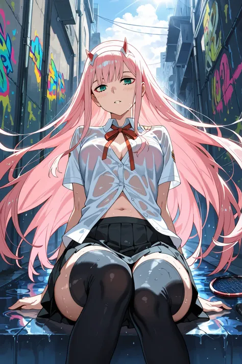 BREAK (masterpiece:1.2),highly detailed realistic anime background, narrow urban alley after rain, daylight scene with wet reflective asphalt, colorful graffiti on concrete walls, small puddles with bright sky reflections, metallic pipes and vents, warm su...