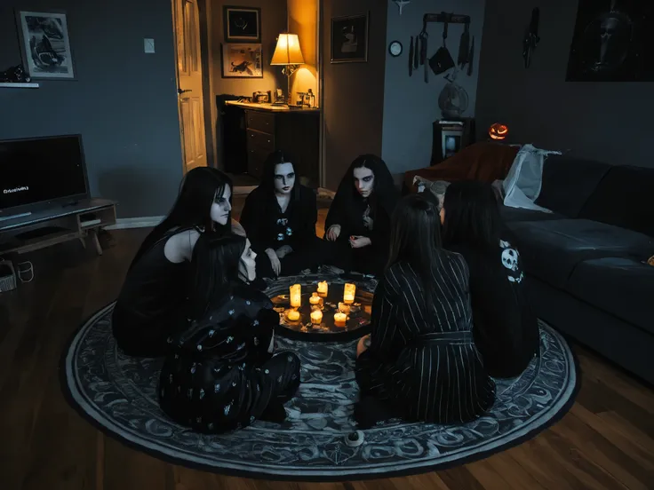 lazypos, photography, indoors, low-light photography, chiaroscuro lighting, dimly lit, cluttered living room, dark aesthetic, pajama party, young adult women, group of goths sitting in a circle on the floor wearing pajamas, practicing witchcraft