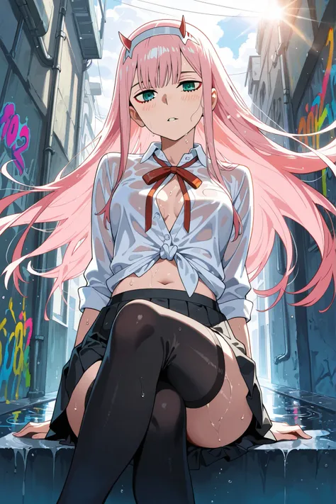 BREAK (masterpiece:1.2),highly detailed realistic anime background, narrow urban alley after rain, daylight scene with wet reflective asphalt, colorful graffiti on concrete walls, small puddles with bright sky reflections, metallic pipes and vents, warm su...