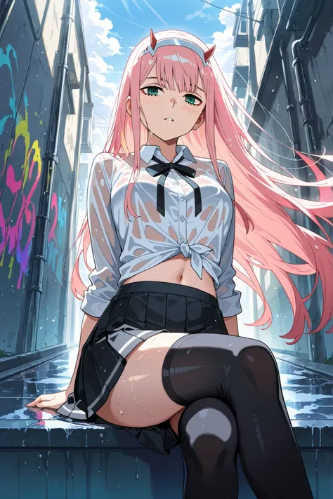 BREAK (masterpiece:1.2),highly detailed realistic anime background, narrow urban alley after rain, daylight scene with wet reflective asphalt, colorful graffiti on concrete walls, small puddles with bright sky reflections, metallic pipes and vents, warm su...