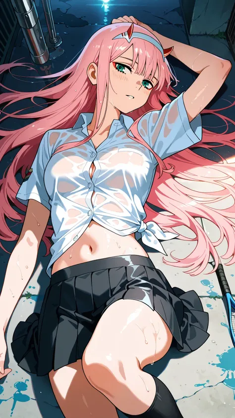 BREAK (masterpiece:1.2),highly detailed realistic anime background, narrow urban alley after rain, daylight scene with wet reflective asphalt, colorful graffiti on concrete walls, small puddles with bright sky reflections, metallic pipes and vents, warm su...