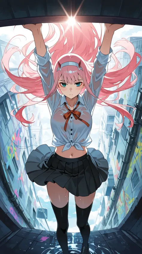 BREAK (masterpiece:1.2),highly detailed realistic anime background, narrow urban alley after rain, daylight scene with wet reflective asphalt, colorful graffiti on concrete walls, small puddles with bright sky reflections, metallic pipes and vents, warm su...