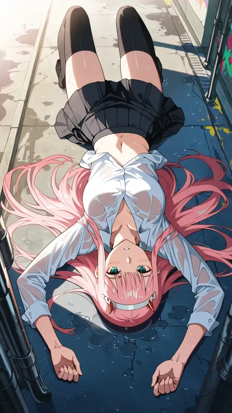 BREAK (masterpiece:1.2),highly detailed realistic anime background, narrow urban alley after rain, daylight scene with wet reflective asphalt, colorful graffiti on concrete walls, small puddles with bright sky reflections, metallic pipes and vents, warm su...