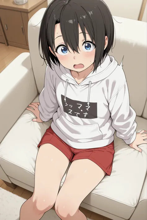 masterpiece, best quality, newest, absurdres, highres, huge filesize,(mdf_an:0.7),(alp:0.6),(pija:0.7),1girl, nishimiya yuzuru,blue eyes,very short hair, black hair,white hoodie,red shorts,sitting on sofa,surprised,wide-eyed,blush,open mouth,frown,from abo...