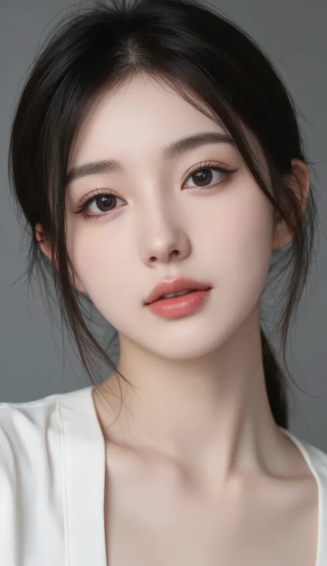 Create an ultra-realistic 16-year-old Korean female K-Pop idol with an extreme 99% Korean Beauty Standard score in a 9:16 portrait composition, focusing on hyper-precise facial proportions and a teens-friendly idol aura: an exceptionally small and perfectl...