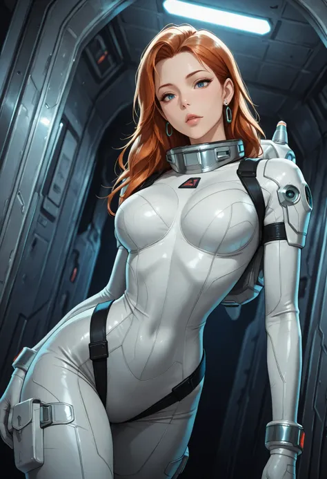 high resolution images, masterpiece, Highest Quality, amazing quality, official art, Highly detailed, Wallpaper, 1 girl, slender, A very attractive and slim woman wearing a tight spacesuit walks through the corridors of an abandoned and decaying space stat...