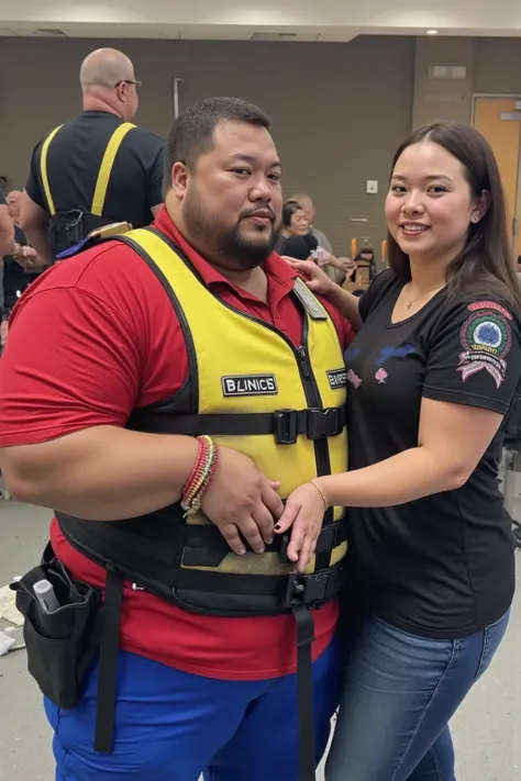 a 50 year old fat asian full-figured body male wearing a bright shiny polished red rubber police shirt, wearing blue polished rubber police pants, wearing a bright yellow shiny rubber bulletproof vest covered in grime, a 34 year old woman wears a WrapRestr...