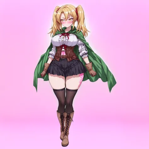  twintails, ribbon, red ribbon, cape, green cape, brown gloves, pleated skirt, belt, underbust, puffy sleeves, black thighhighs,,,(short girl,curvy),,(full body:1.3),(blush body),magetano\(thecurseofkubel)\, blonde hair,long hair, large breasts,(detailed f...
