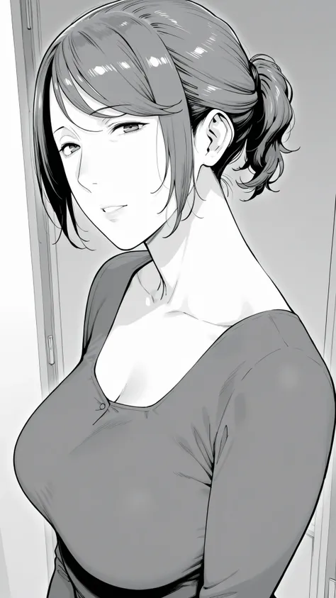 Mom, mature woman, short hair, very short ponytail looking up at the viewer, flat bangs, medium bust