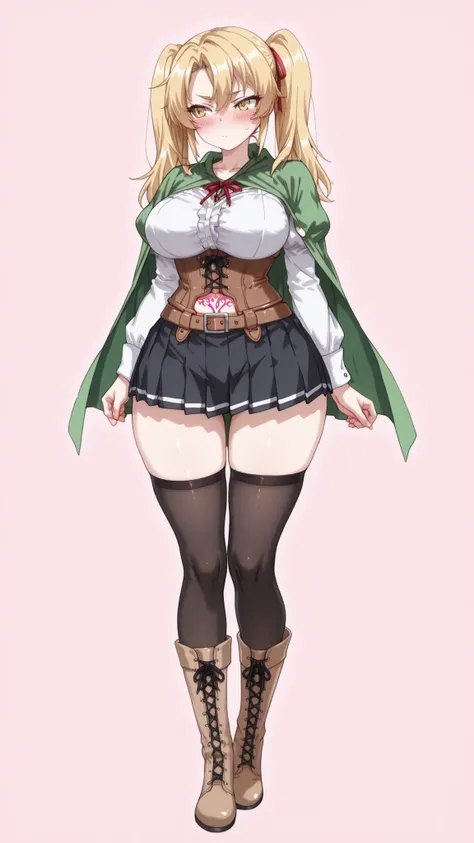  twintails, ribbon, red ribbon,green cape, pleated skirt, belt, underbust, puffy sleeves, black thighhighs,,,(short girl,curvy),,(full body:1.3),(blush body),magetano\(thecurseofkubel)\, blonde hair,long hair, large breasts,(detailed face,detailed body,det...