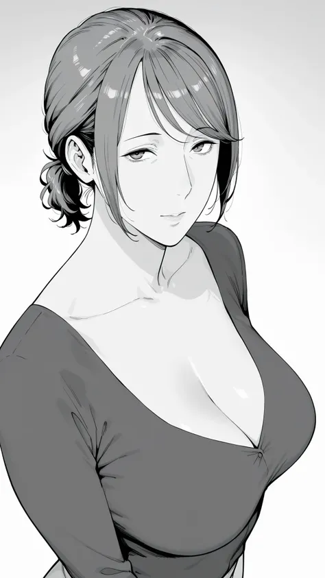 Mom, mature woman, short hair, very short ponytail looking up at the viewer, flat bangs, medium bust