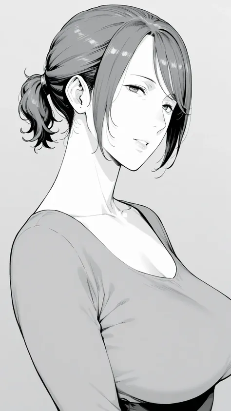 Mom, mature woman, short hair, very short ponytail looking up at the viewer, flat bangs, medium bust