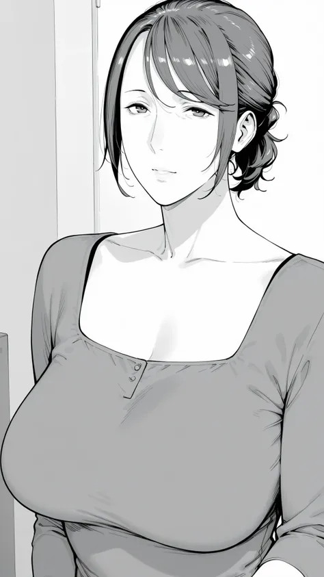 Mom, mature woman, short hair, very short ponytail looking up at the viewer, flat bangs, medium bust