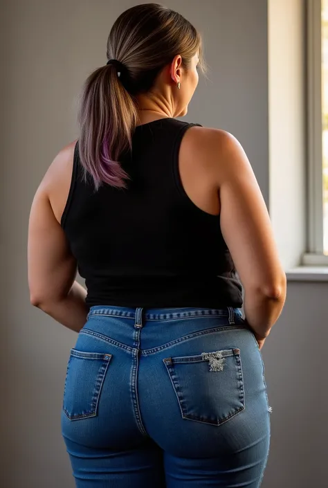 Woman with curvy maternal figure captured from behind in a private art studio, los camera angle, professional DSLR with85mm portrait lens focused on her mature buttocks in distressed high-waisted jeans. Her light brown shoulder-length hair shows natural gr...