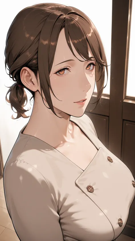 Mom, mature woman, short hair, very short ponytail looking up at the viewer, flat bangs, small breasted、Color in color