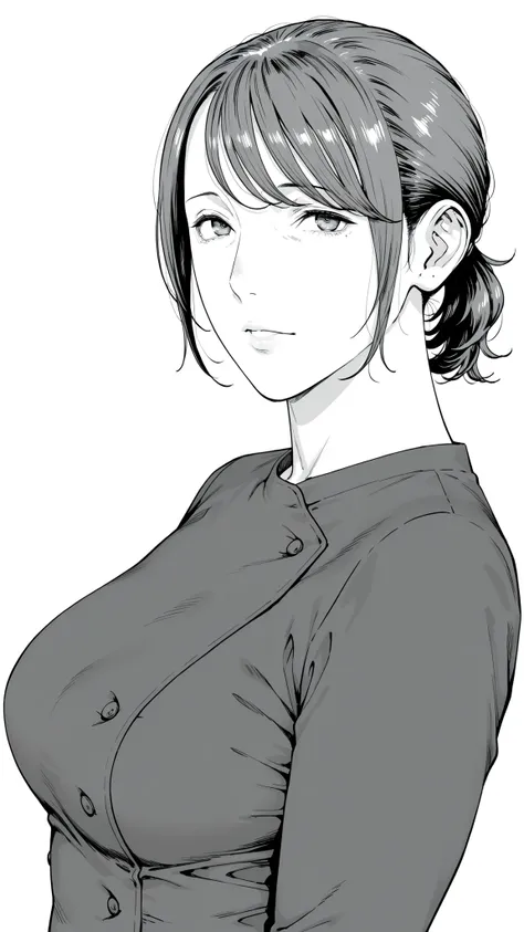 Mom, mature woman, short hair, very short ponytail looking up at the viewer, flat bangs, small breasted、Color in color