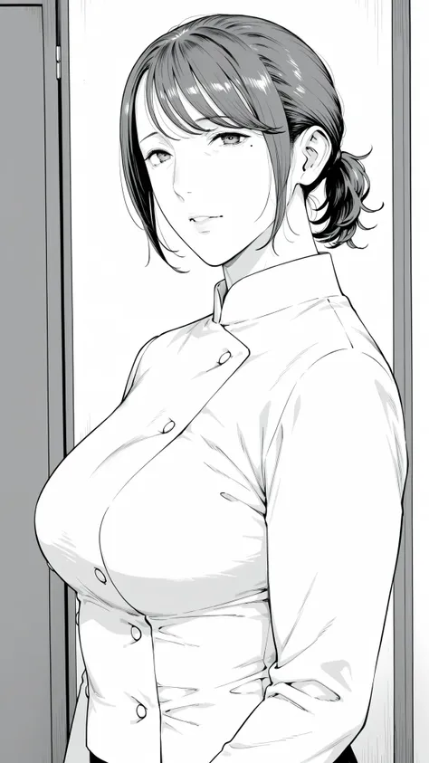 Mom, mature woman, short hair, very short ponytail looking up at the viewer, flat bangs, small breasted、Color in color