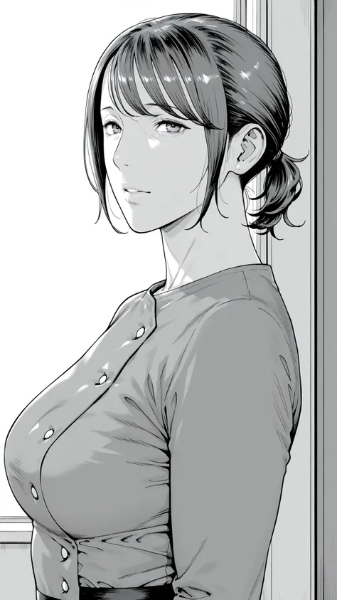 Mom, mature woman, short hair, very short ponytail looking up at the viewer, flat bangs, small breasted、Color in color