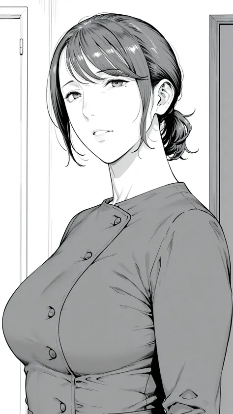 Mom, mature woman, short hair, very short ponytail looking up at the viewer, flat bangs, small breasted、Color in color