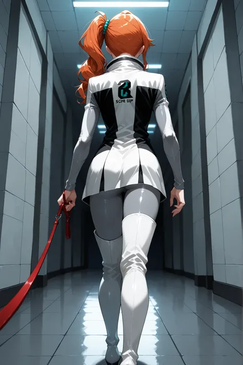 alone, solo, 1girl, pokemonsonia, aqua eyes, long hair, long sleeves, orange hair, side ponytail, swept bangs, score_9, score_8_up, score_7_up, score_6_up, source_anime, anime, masterpiece, best quality, black and white dress, two-tone dress, grey bodysui...